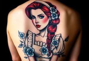 Old school Traditional pin up girl with red hair and blue eyes and wearing a milkmaid maid style dress with blue flowers tattoo idea