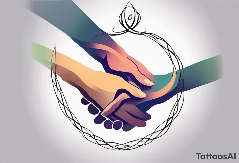 "A minimalist tattoo design symbolizing deep friendship, centered around the name 'Düha.' The design features two intertwined hands, representing trust and support, with a delicate infinity symbol subtly woven into the lines of the hands, indicating eternal friendship. Surrounding the hands, soft abstract elements like flowing lines or watercolor splashes gently frame the name 'Düha' written in elegant script, giving the design a personal and timeless touch. The overall style should evoke warmth, connection, and loyalty." tattoo idea