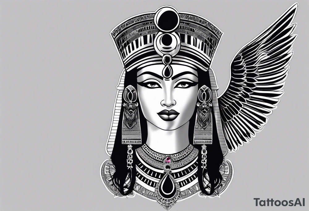 black and white Egyptian goddess Isis, who is often depicted as a woman with outstretched wings, holding an ankh (a symbol of life) in one hand and a lotus flower in the other. Her headdress often includes a throne or a solar disk. The tattoo design can vary in style and size, but it typically aims to capture the essence of this revered Egyptian deity, emphasizing her beauty, power, and maternal qualities. The choice of colors and additional elements can also be customized to create a unique and visually striking representation of the goddess Isis tattoo idea