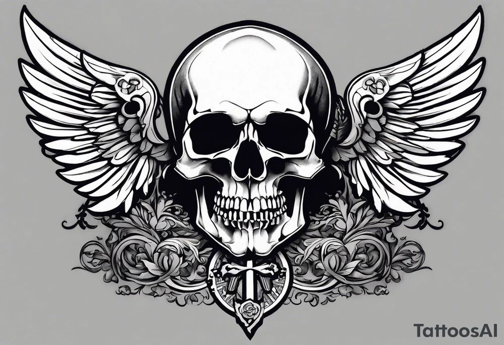 In the center is a skull pierced by a large sword. On either side of the skull, there are spread angel wings, creating an impression of protection and majesty. Beneath the skull is a ribbon that weaves through both the skull and the sword tattoo idea