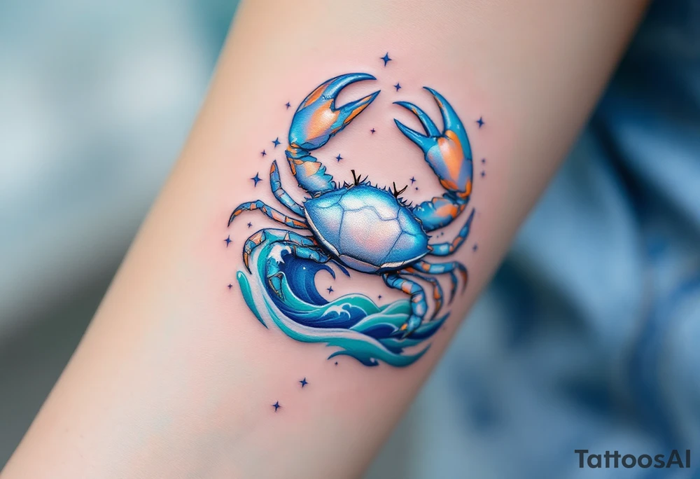A Cancer zodiac tattoo shows a shimmering silver crab with delicate blue highlights on its shell, surrounded by soft ocean waves in teal and deep navy, with tiny white stars twinkling around it for a dreamy celestial touch. tattoo idea