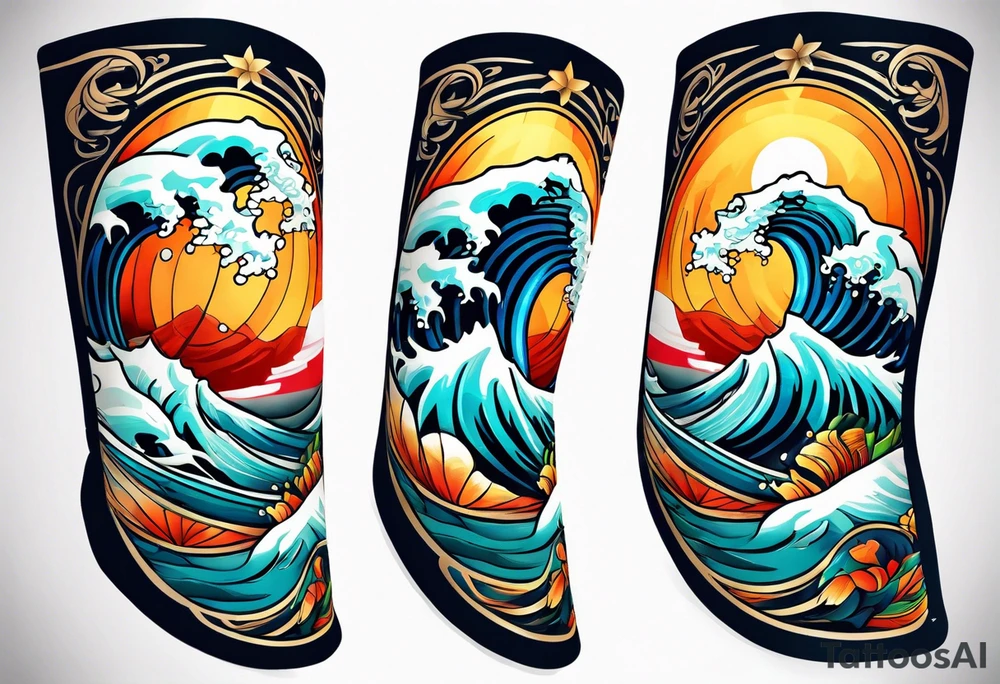 lower leg sleeve with ocean waves tattoo idea