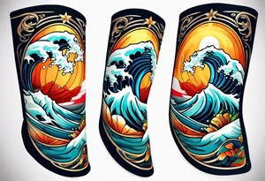 lower leg sleeve with ocean waves tattoo idea