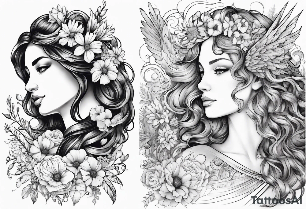 wildflowers and pegasus and valkyrie curly hair princess half sleeve arm tattoo idea