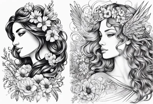 wildflowers and pegasus and valkyrie curly hair princess half sleeve arm tattoo idea