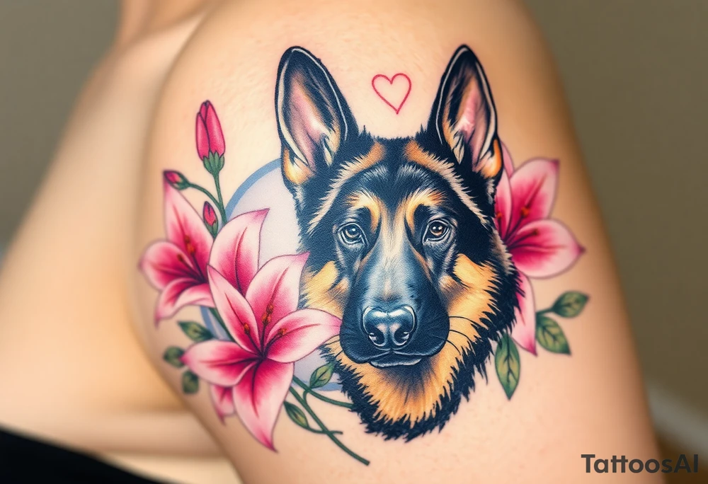 realistic german shepherd looking protective with pink lilies in front of a sacred heart symbol tattoo idea