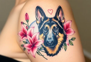 realistic german shepherd looking protective with pink lilies in front of a sacred heart symbol tattoo idea
