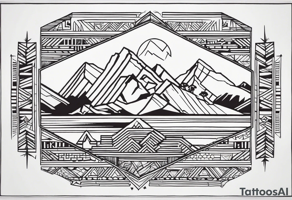 Create a tattoo design in a linear geometric art style depicting images associated with Peru, such as the Andes Mountains, Machu Picchu, llamas or traditional textile patterns. The tattoo should be done in a monochromatic black and white color scheme with clear outlines and minimal details to create an elegant and modern composition. tattoo idea