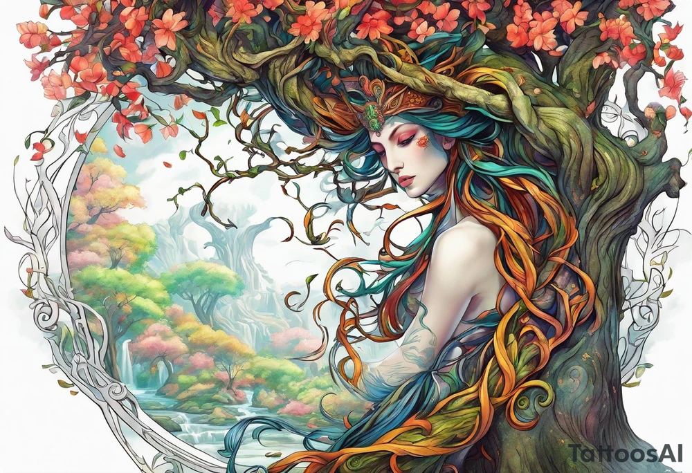 The deity Pan is entwined in a tree which is a portal in a other world tattoo idea