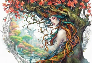 The deity Pan is entwined in a tree which is a portal in a other world tattoo idea