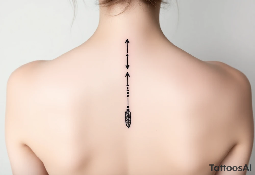 Thin spinal tattoo following down the spine in a native style with 3 vertical different lengths flowing lines made of a discreet connection of morse code ".--- .- --.     .-.. ... -.- .- .-.   -.. .. --.     .-.. .. .-.. .-.. . -... .-. --- .-. forming 3 arrow shapes connected to 3 flowing feathers hanging from the end of the morse code lines tattoo idea
