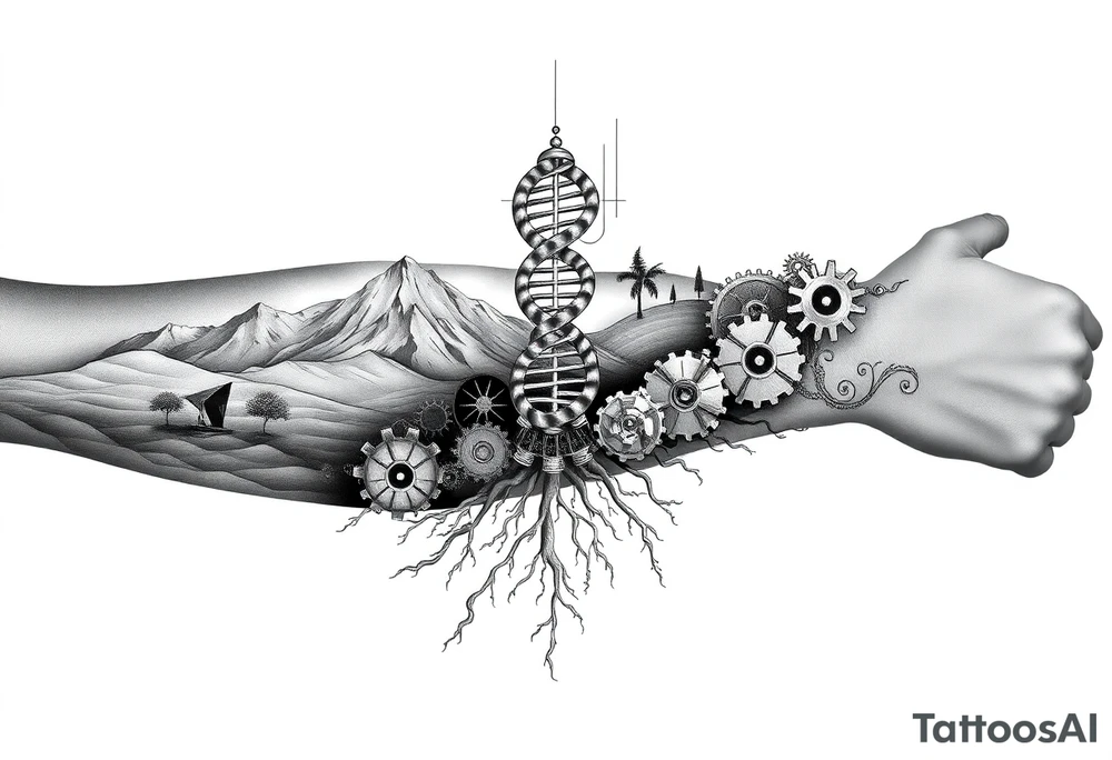Full sleeve tattoo design for a left arm, vertical composition. A surreal blend of Southern California landscapes including desert dunes, snow-capped mountains, and ocean waves. The landscapes are integrated into a 3D geometric and biomechanical framework with gears, droid-like metallic components, and Matrix-style digital rain. In the center, a double helix DNA strand transitions into tree roots. Style: Alex Grey visionary art meets TOOL aesthetic. High contrast black and grey with subtle glowing amber highlights. Hyper-realistic, 8k, white background tattoo idea
