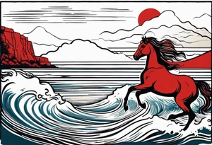 a vintage postcard showing a seaside with cliff on a November day. There is a red horse with rider in the waves. tattoo idea