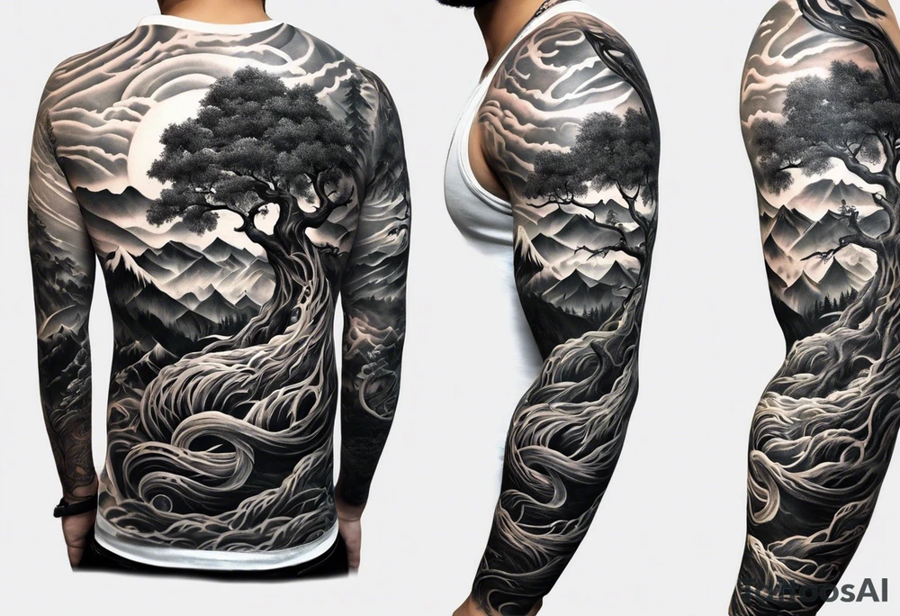 Full arm sleeve, tree going up to shoulder dead tree going down to wrist, wrapped in a serpent moving down with mountain, water, and demon tattoo idea