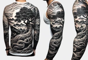 Full arm sleeve, tree going up to shoulder dead tree going down to wrist, wrapped in a serpent moving down with mountain, water, and demon tattoo idea