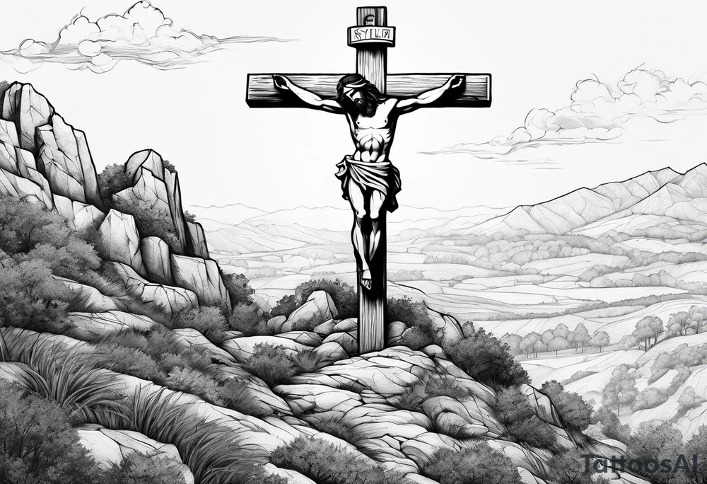 jesus crucified on a hill facing east tattoo idea