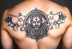 "Tibetan thangka tattoo but deity is a crypto wallet with QR face. Geometric patterns, black/red ink." tattoo idea