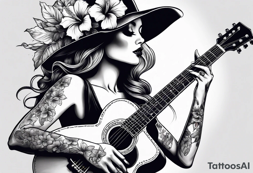 female skeleton playing guitar. Hibiscus flower tattoo idea