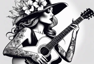 female skeleton playing guitar. Hibiscus flower tattoo idea