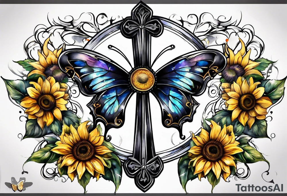 Winged cross with sunflower and butterflies tattoo idea