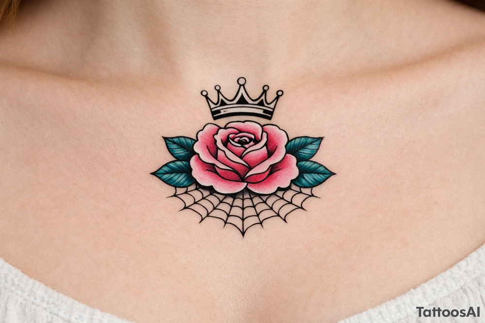 Pink and petrol rose , petrol leaves no stem, minimalist crown above it, crown is black and white and has no gems, spider web beneath tattoo idea