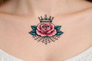 Pink and petrol rose , petrol leaves no stem, minimalist crown above it, crown is black and white and has no gems, spider web beneath tattoo idea