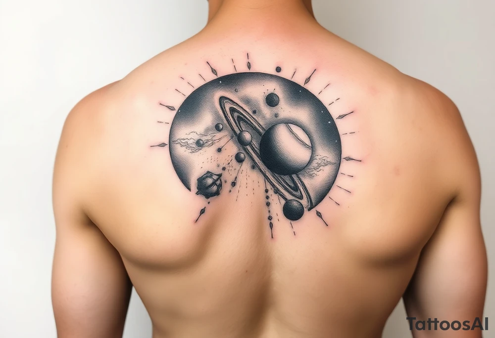 The milky way with negative spaces used to create planets and dark matter tattoo idea