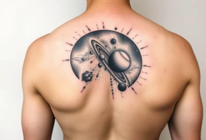 The milky way with negative spaces used to create planets and dark matter tattoo idea
