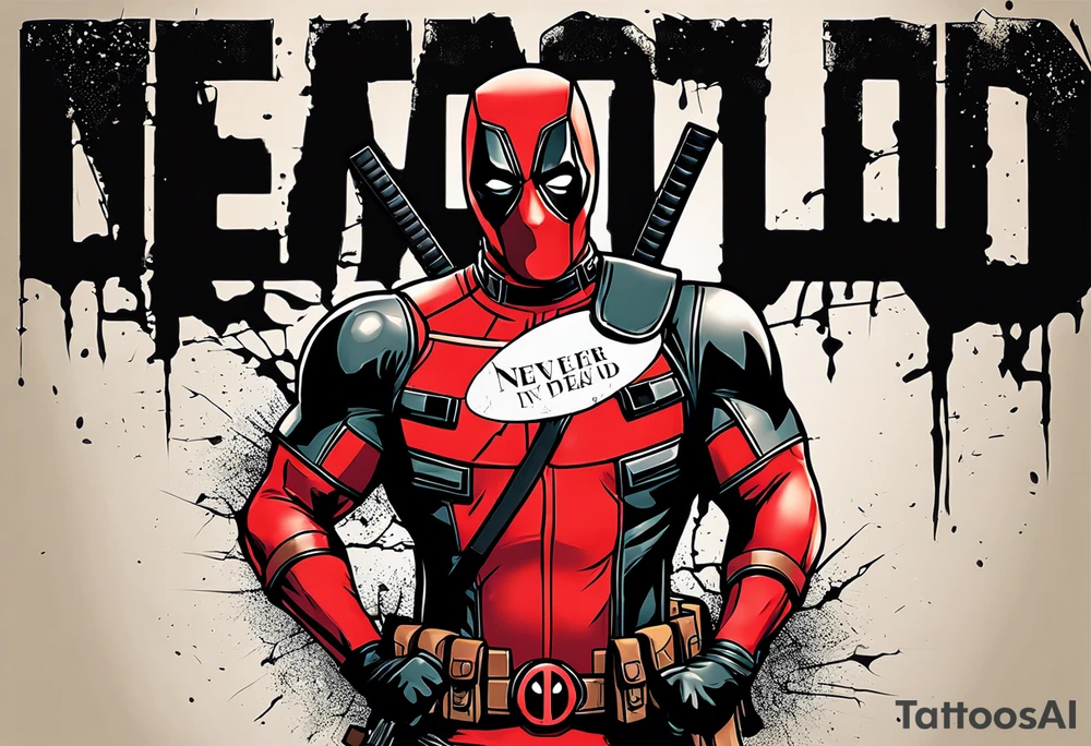 Banner with Text: A worn, dark banner wraps around Deadpool with the phrase "NEVER DEAD" in bold, cracked letters that give a strong and aggressive impression. The banner has small torn details, as if it’s been through rough conditions, with shading that adds depths. tattoo idea