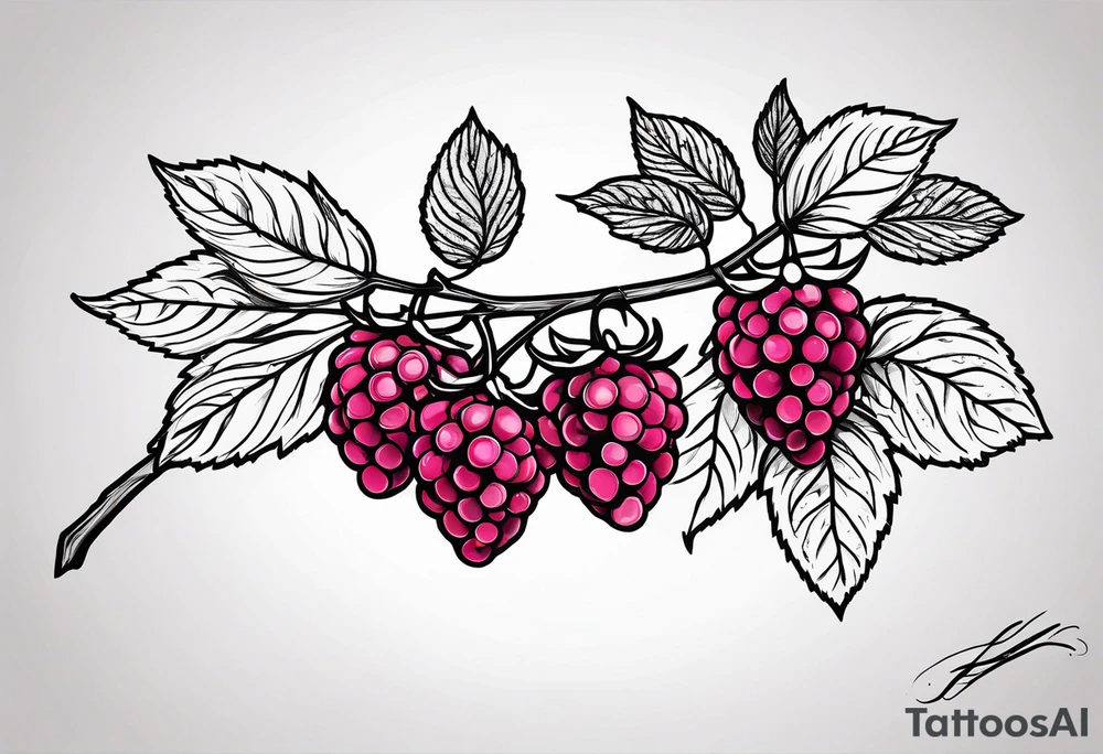 a long raspberry branch that focuses on line work. Includes a small signature somewhere that is signed "Popkin" tattoo idea