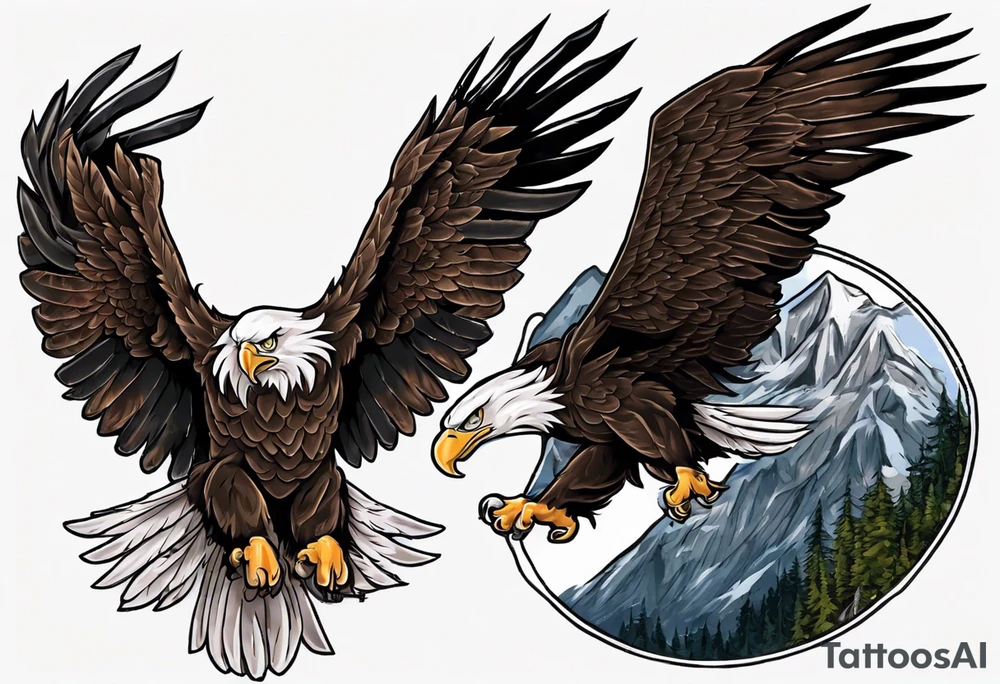 Tribute to Father representing a bald eagle with wings spread with mountain scene in the background tattoo idea