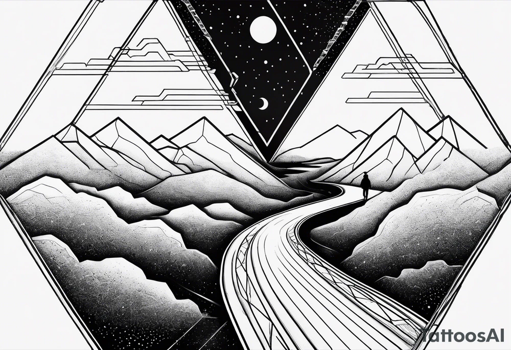 Hexagon shape, Universe inside, line under as a road. Father holding hand of his son at begin of this road tattoo idea