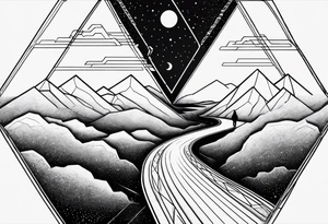 Hexagon shape, Universe inside, line under as a road. Father holding hand of his son at begin of this road tattoo idea