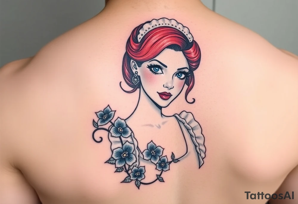 Old school Traditional pin up girl with red hair and blue eyes and wearing a milkmaid maid style dress with blue flowers tattoo idea