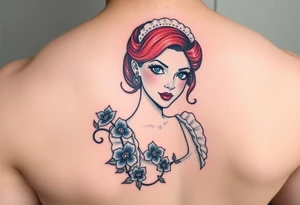 Old school Traditional pin up girl with red hair and blue eyes and wearing a milkmaid maid style dress with blue flowers tattoo idea