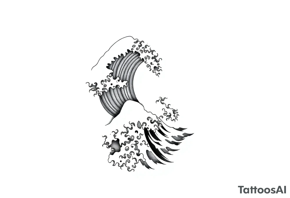 Blackwork tattoo design of flowing Japanese water waves, bold lines, traditional style, minimal background, dynamic movement, vertical composition for forearm tattoo idea
