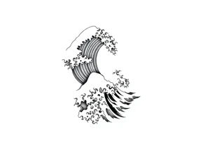 Blackwork tattoo design of flowing Japanese water waves, bold lines, traditional style, minimal background, dynamic movement, vertical composition for forearm tattoo idea