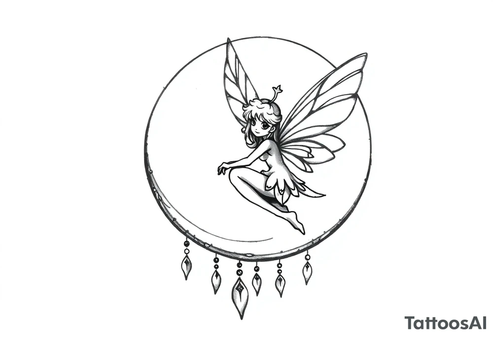 All black tattoo of a Fairy sitting on moon with dangles. tattoo idea
