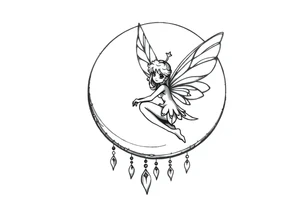 All black tattoo of a Fairy sitting on moon with dangles. tattoo idea