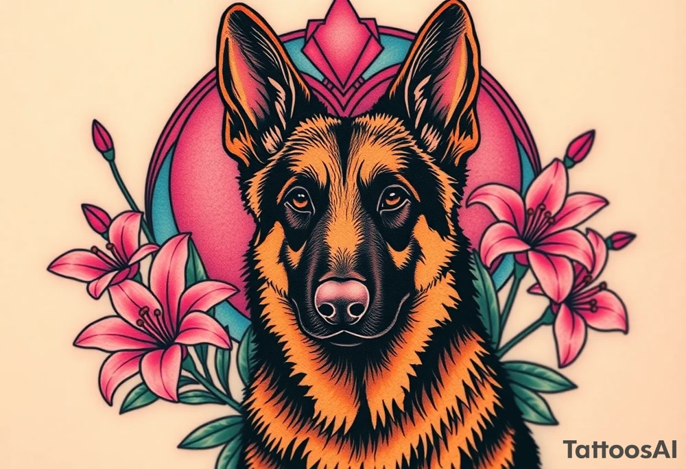 realistic german shepherd with alert ears looking protective surrounded by pink lilies with leaves in front of a sacred heart tattoo idea