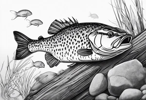 Murray cod, baby shrimp, yabbie on a log tattoo idea