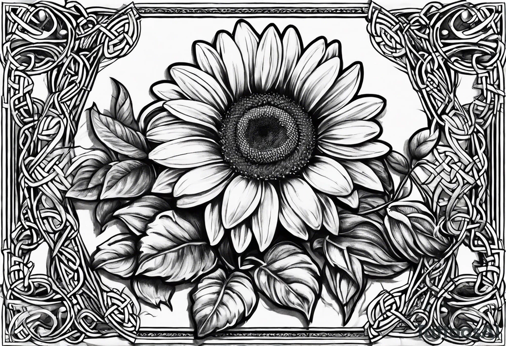 open book with daisy bouquet and a sunflower and a celtic dara knot tattoo idea