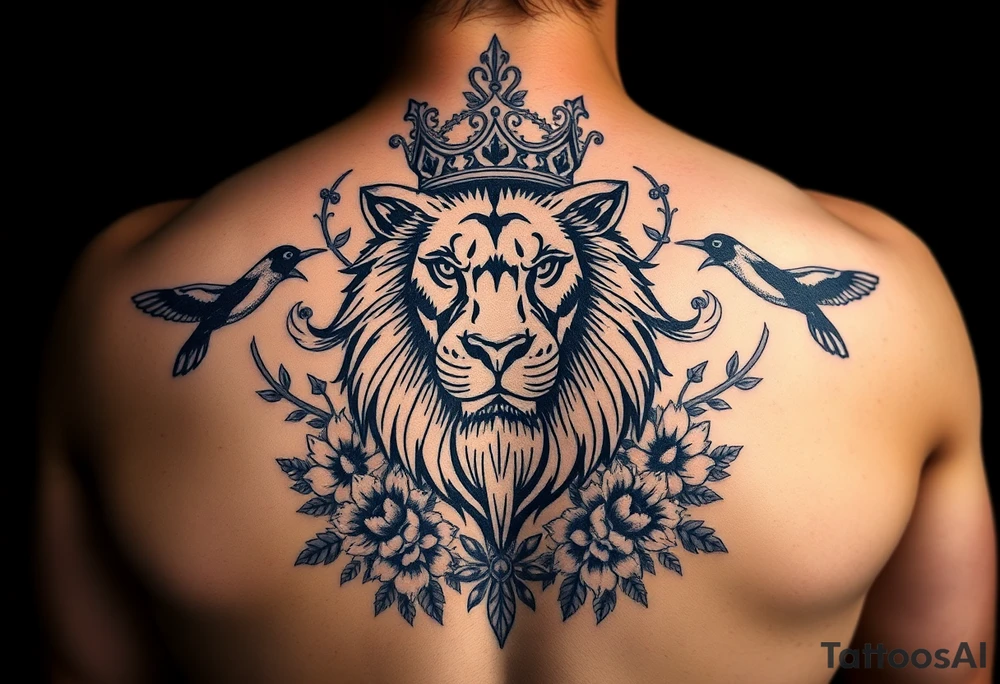 powerful majestic lion with a crown, surrounded by floral ornaments and birds tattoo idea