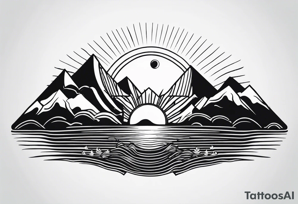 Line art minimalist sun mountain water tattoo idea