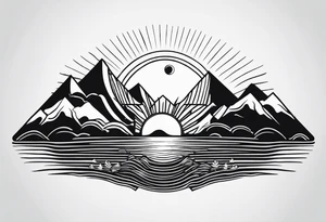 Line art minimalist sun mountain water tattoo idea