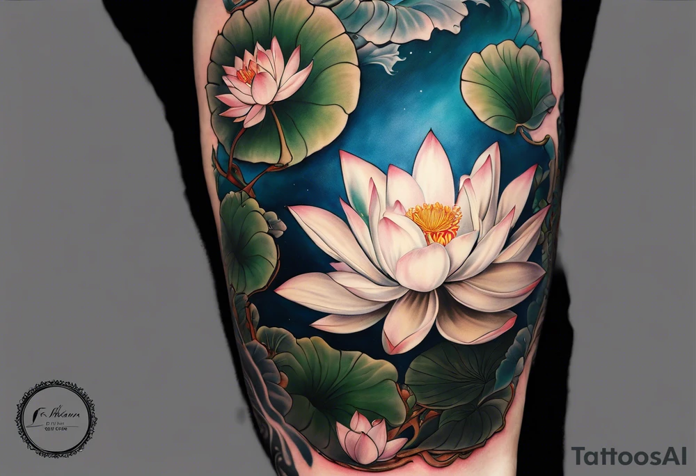 A sleeve with a a Rhaven A white Lotus 1990 and something showing change with the Rhaven tattoo idea
