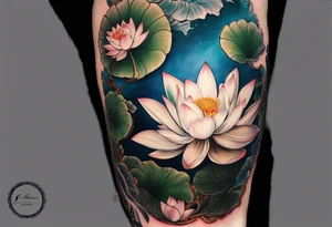 A sleeve with a a Rhaven A white Lotus 1990 and something showing change with the Rhaven tattoo idea