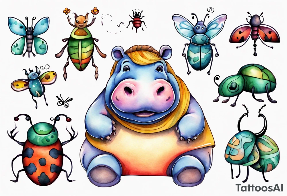 Whimsical tattoo of a hippo and a bug. Colorful and cute tattoo idea