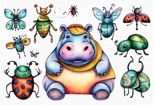 Whimsical tattoo of a hippo and a bug. Colorful and cute tattoo idea