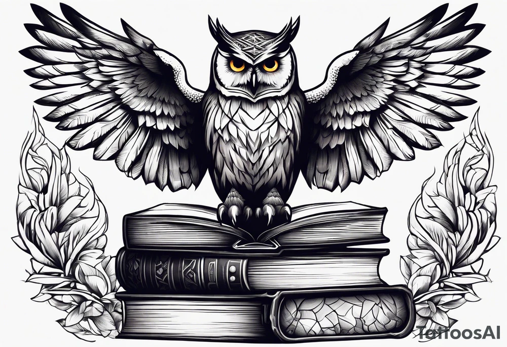 agressive owl on top of human skull, open wings, skull stands on books owl on the skull tattoo idea